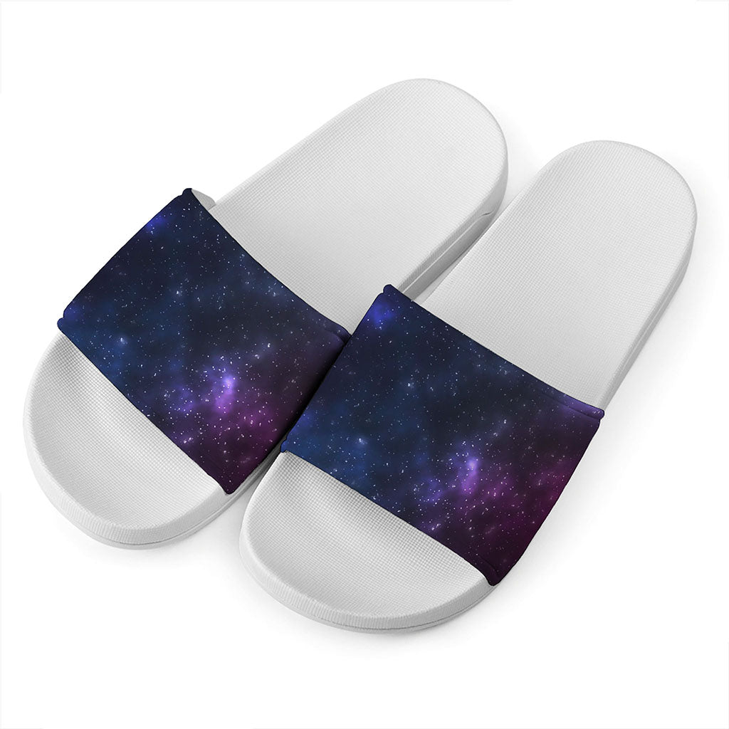 Blue Purple Cosmic Galaxy Space Print White Slide Sandals