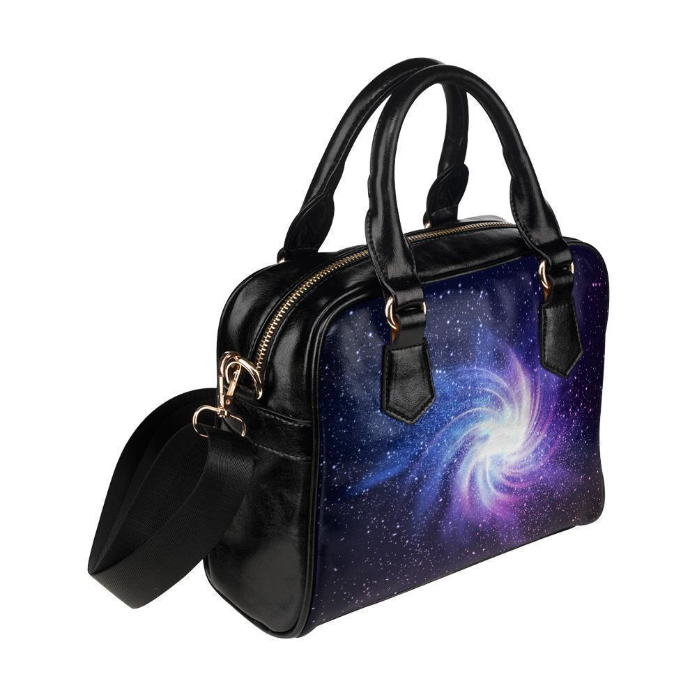 Blue Purple Spiral Galaxy Space Print Leather Shoulder Handbag GearFrost