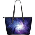 Blue Purple Spiral Galaxy Space Print Leather Tote Bag With Zipper