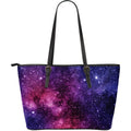 Blue Purple Stardust Galaxy Space Print Leather Tote Bag With Zipper