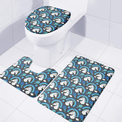 Blue Rainbow Unicorn Pattern Print 3 Piece Bath Mat Set