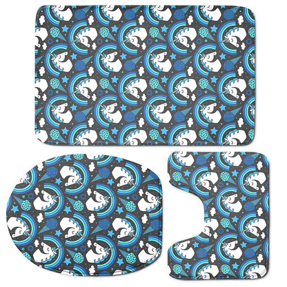 Blue Rainbow Unicorn Pattern Print 3 Piece Bath Mat Set