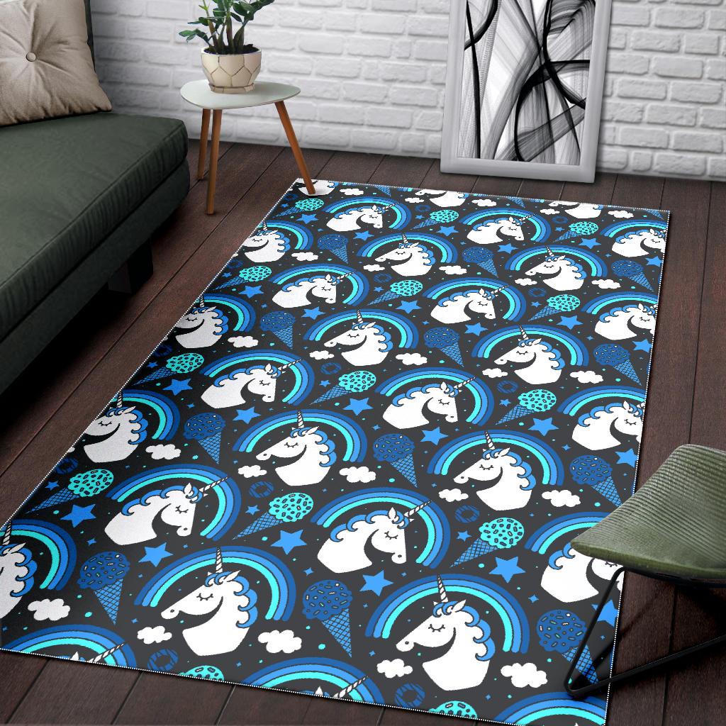 Blue Rainbow Unicorn Pattern Print Area Rug GearFrost