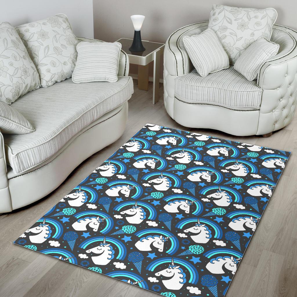 Blue Rainbow Unicorn Pattern Print Area Rug GearFrost