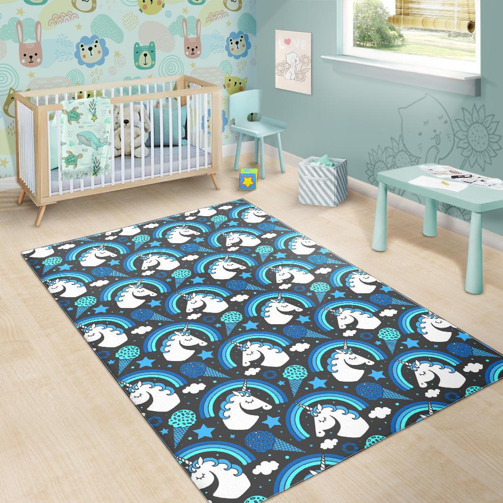 Blue Rainbow Unicorn Pattern Print Area Rug GearFrost