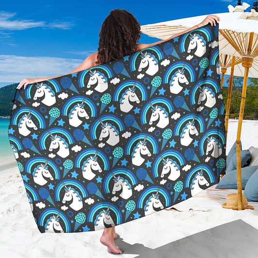 Blue Rainbow Unicorn Pattern Print Beach Sarong Wrap