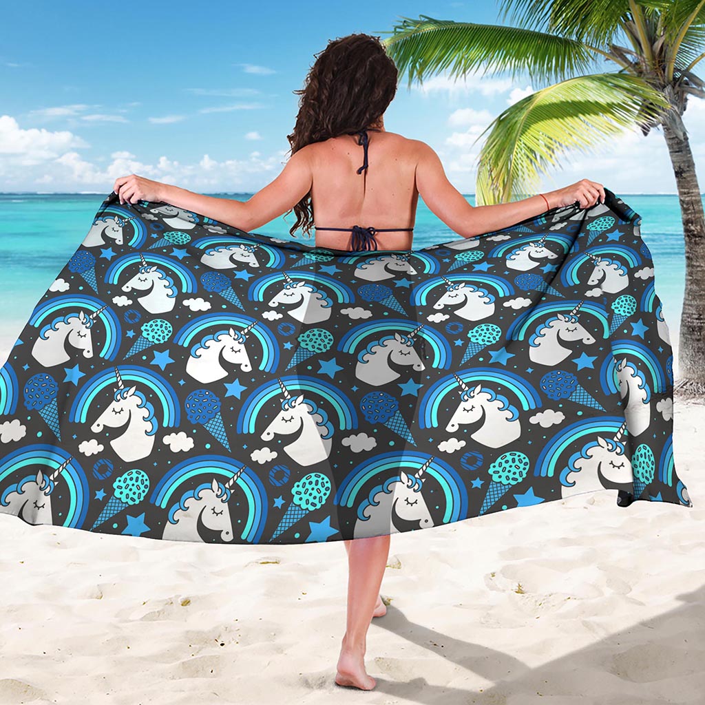 Blue Rainbow Unicorn Pattern Print Beach Sarong Wrap