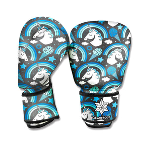 Blue Rainbow Unicorn Pattern Print Boxing Gloves