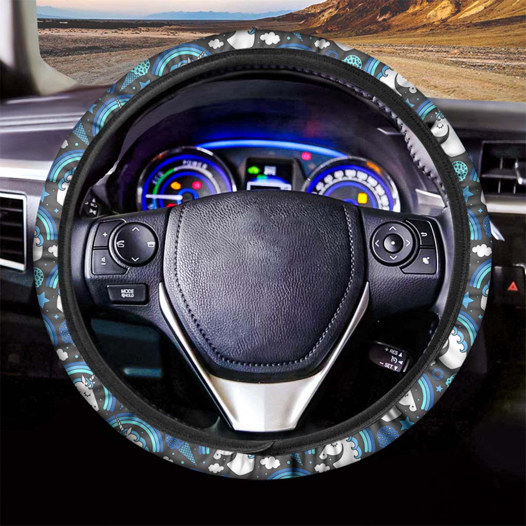 Blue Rainbow Unicorn Pattern Print Car Steering Wheel Cover