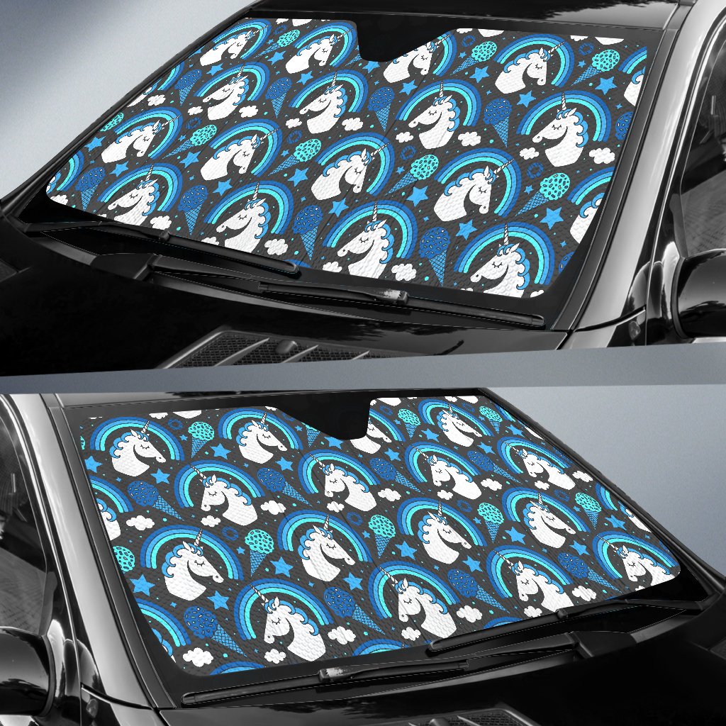 Blue Rainbow Unicorn Pattern Print Car Sun Shade GearFrost