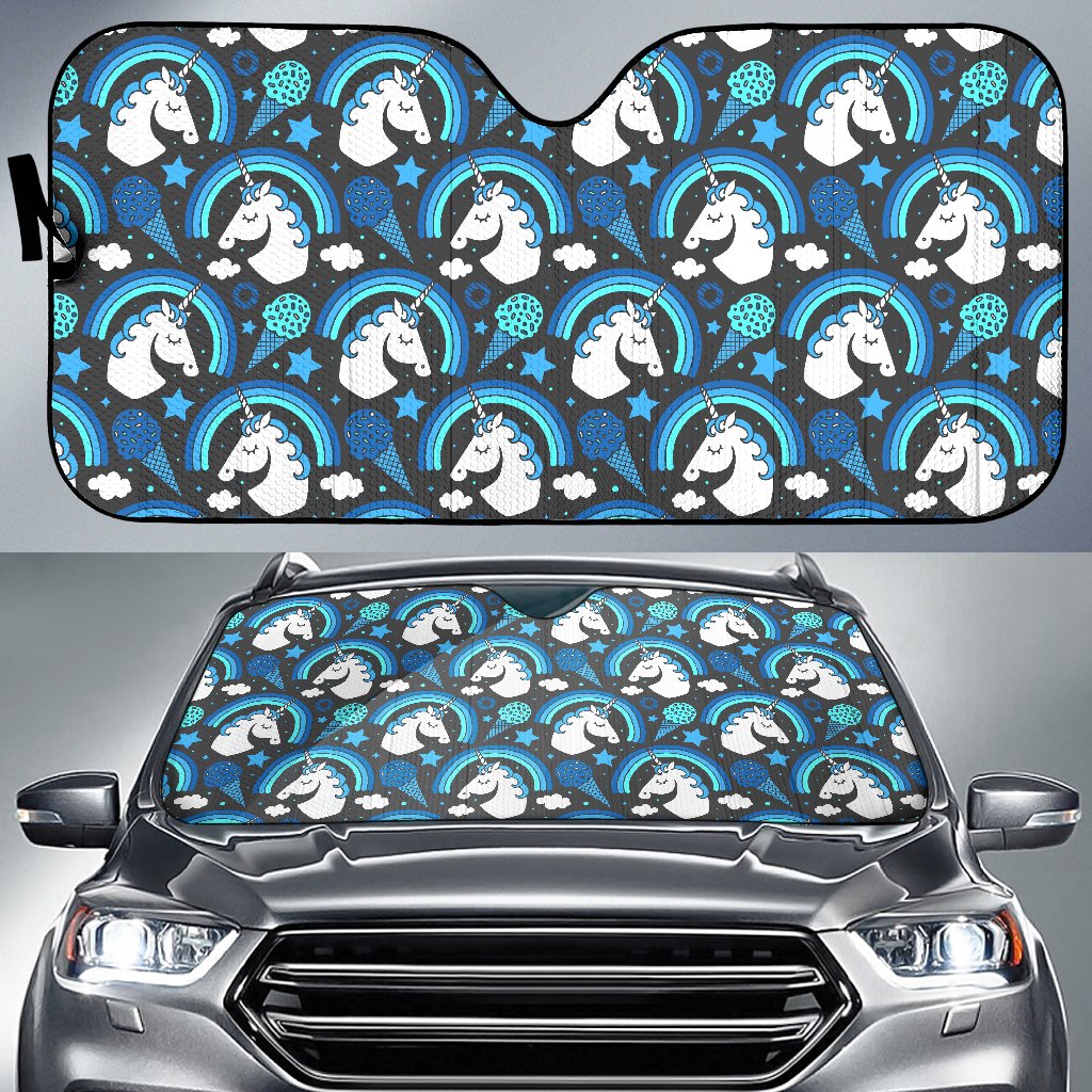 Blue Rainbow Unicorn Pattern Print Car Sun Shade GearFrost