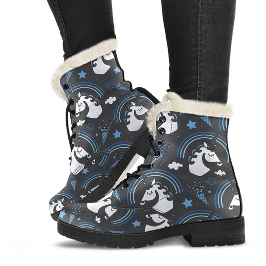 Blue Rainbow Unicorn Pattern Print Comfy Boots GearFrost