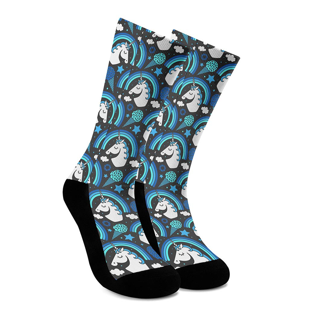 Blue Rainbow Unicorn Pattern Print Crew Socks