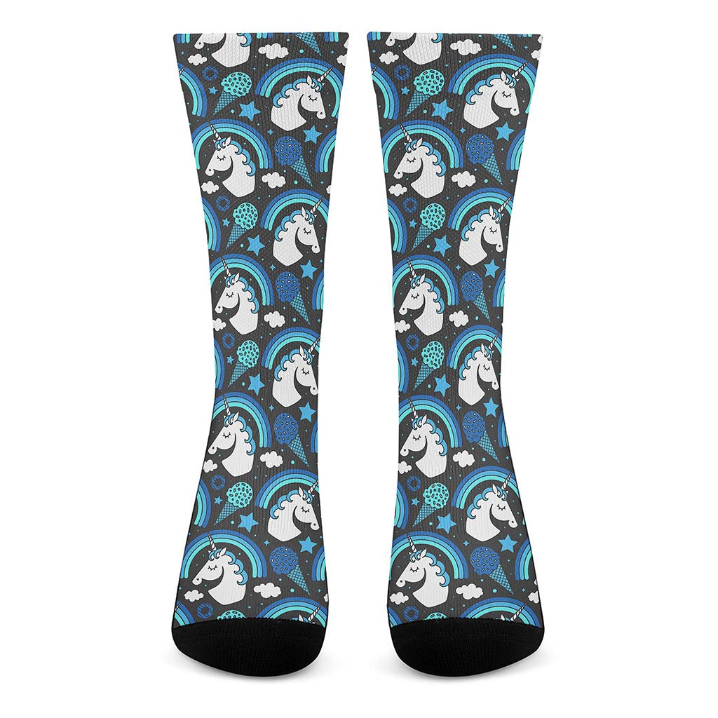 Blue Rainbow Unicorn Pattern Print Crew Socks