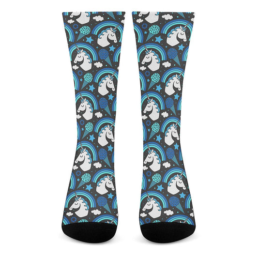 Blue Rainbow Unicorn Pattern Print Crew Socks