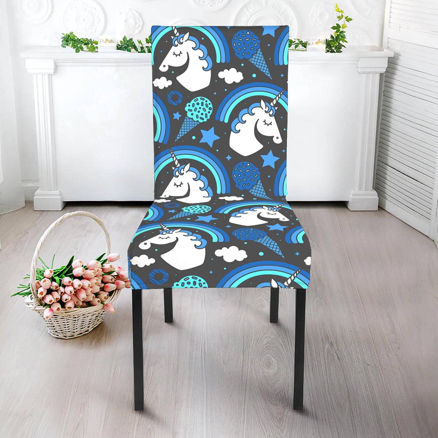 Blue Rainbow Unicorn Pattern Print Dining Chair Slipcover
