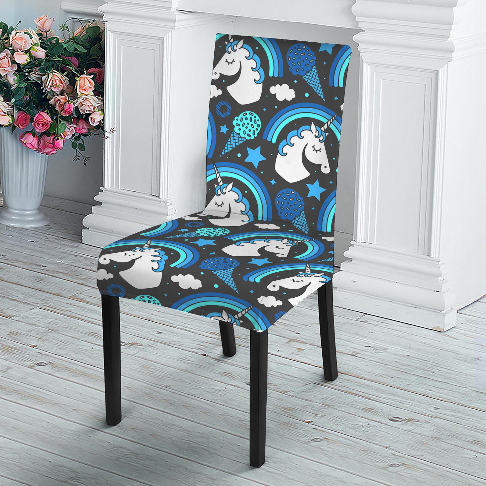 Blue Rainbow Unicorn Pattern Print Dining Chair Slipcover