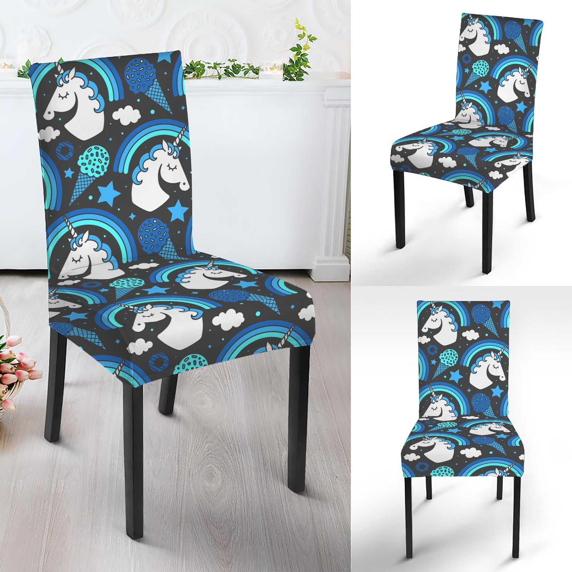 Blue Rainbow Unicorn Pattern Print Dining Chair Slipcover