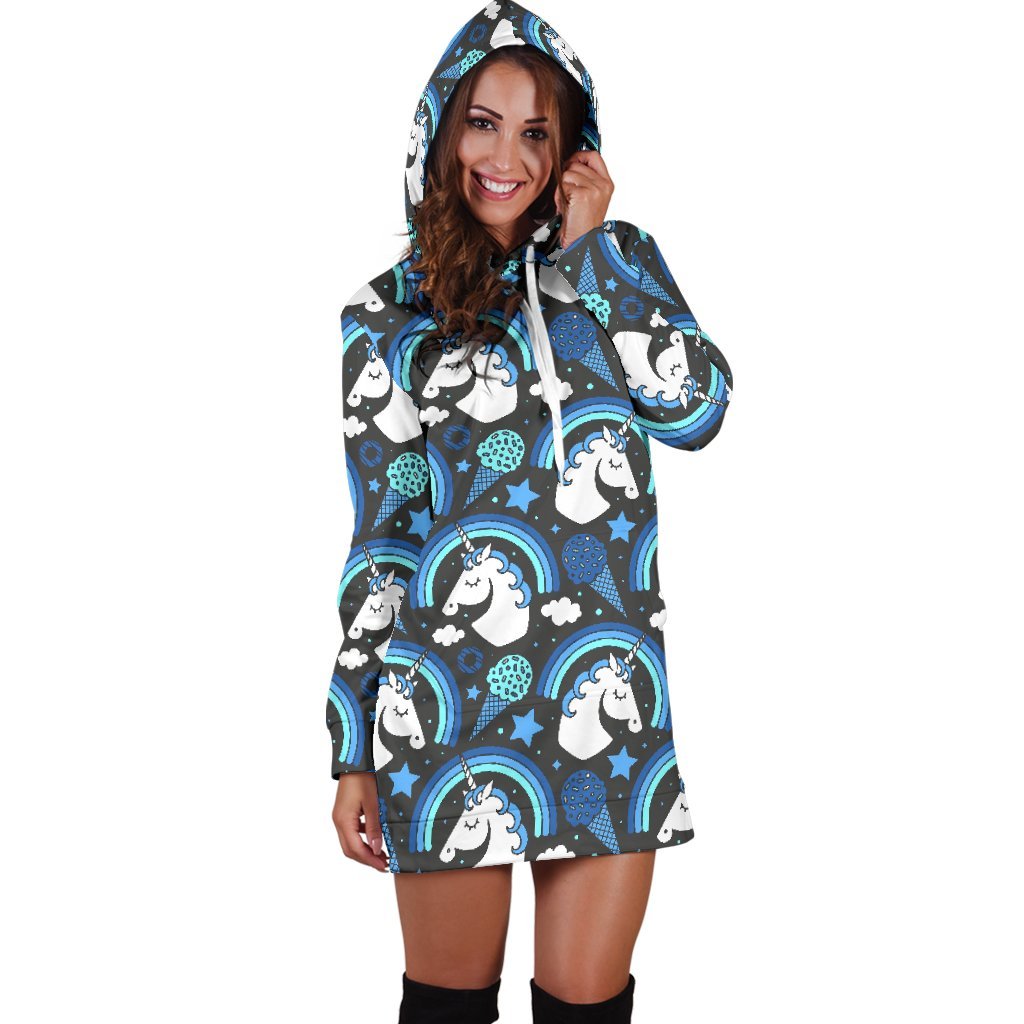 Blue Rainbow Unicorn Pattern Print Hoodie Dress GearFrost