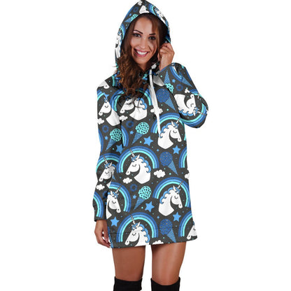 Blue Rainbow Unicorn Pattern Print Hoodie Dress GearFrost