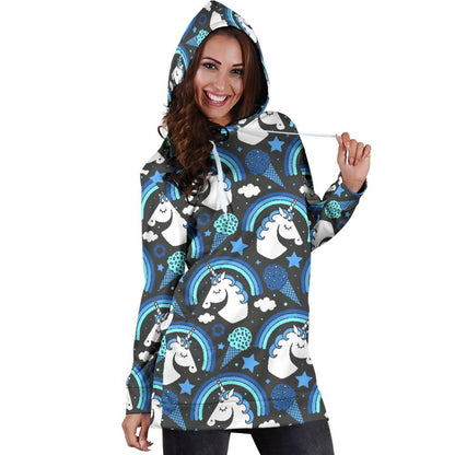 Blue Rainbow Unicorn Pattern Print Hoodie Dress GearFrost