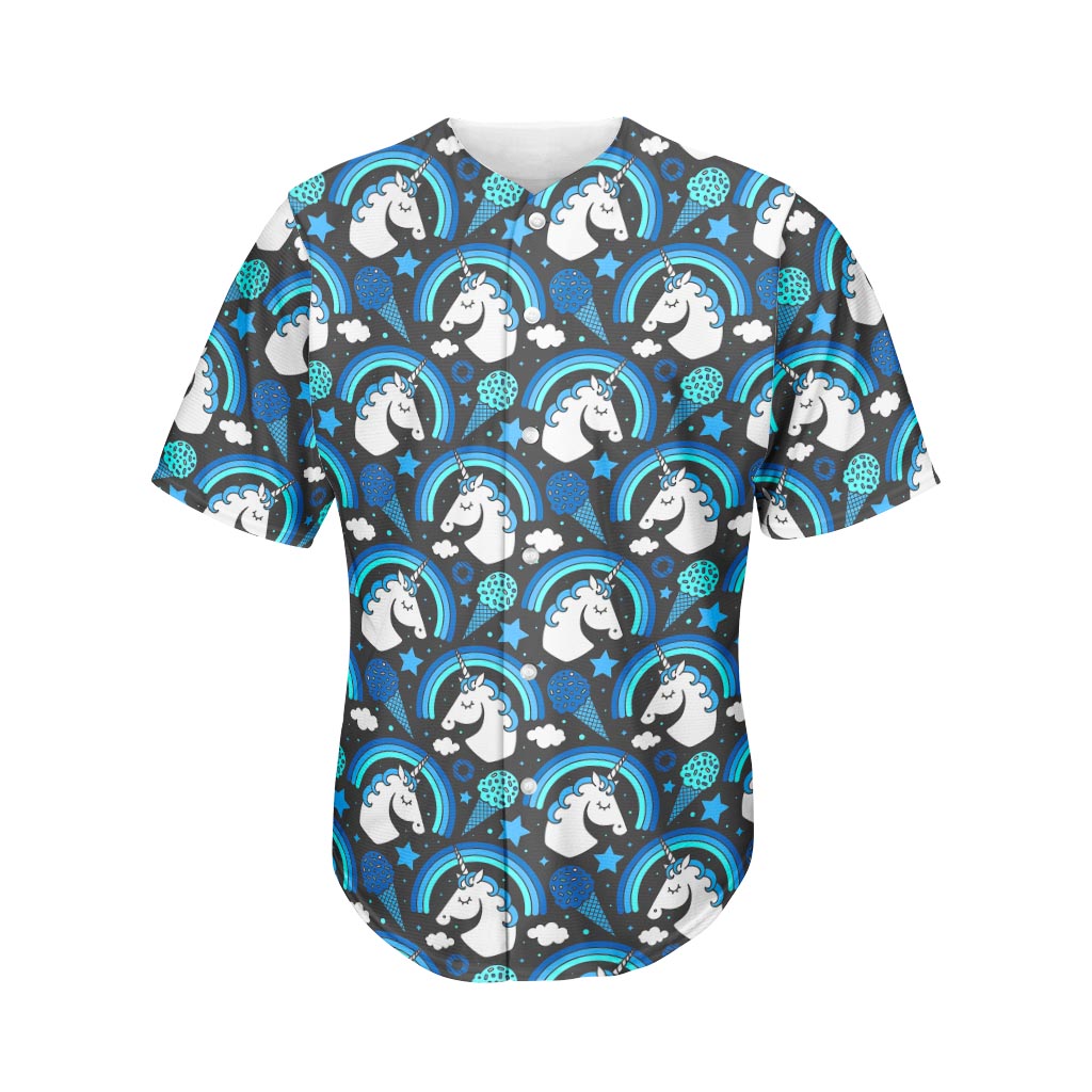 Blue Rainbow Unicorn Pattern Print Men's Baseball Jersey