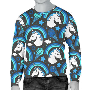 Blue Rainbow Unicorn Pattern Print Men's Crewneck Sweatshirt GearFrost