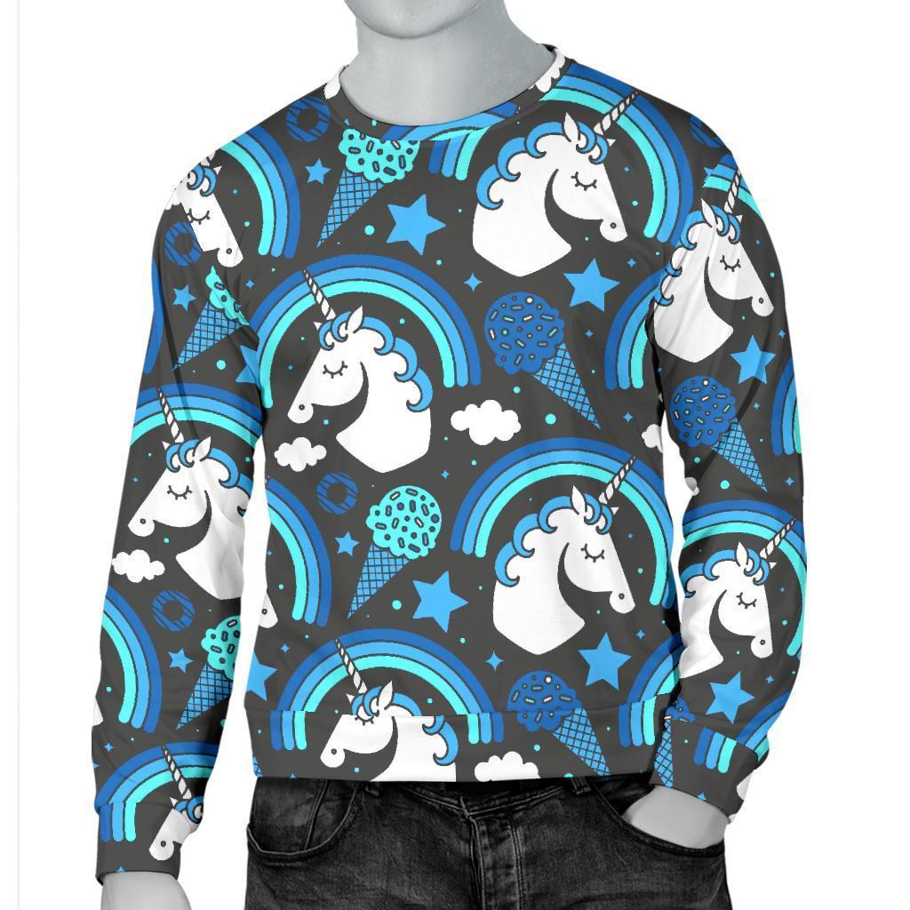 Blue Rainbow Unicorn Pattern Print Men's Crewneck Sweatshirt GearFrost