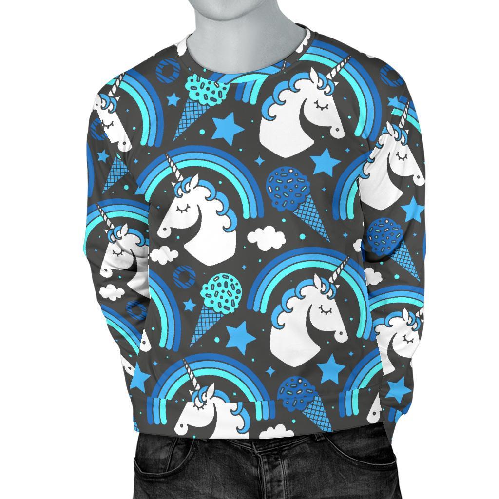 Blue Rainbow Unicorn Pattern Print Men's Crewneck Sweatshirt GearFrost