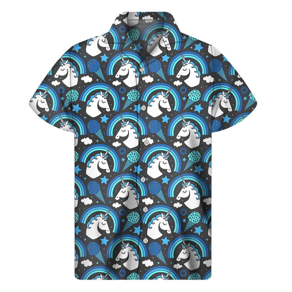 Blue Rainbow Unicorn Pattern Print Men's Short Sleeve Shirt