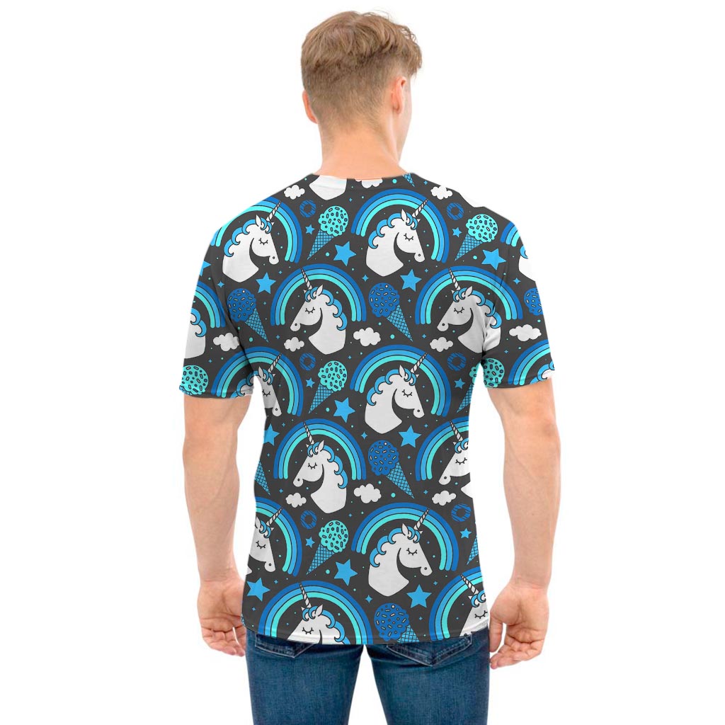 Blue Rainbow Unicorn Pattern Print Men's T-Shirt