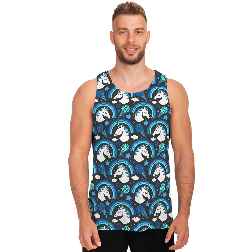 Blue Rainbow Unicorn Pattern Print Men's Tank Top