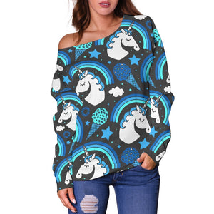 Blue Rainbow Unicorn Pattern Print Off Shoulder Sweatshirt GearFrost