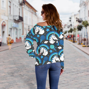 Blue Rainbow Unicorn Pattern Print Off Shoulder Sweatshirt GearFrost