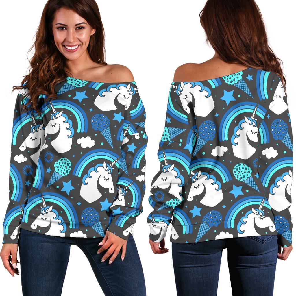 Blue Rainbow Unicorn Pattern Print Off Shoulder Sweatshirt GearFrost