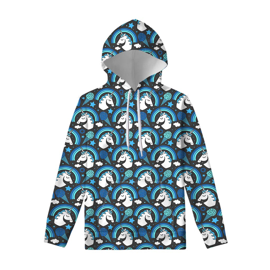 Blue Rainbow Unicorn Pattern Print Pullover Hoodie