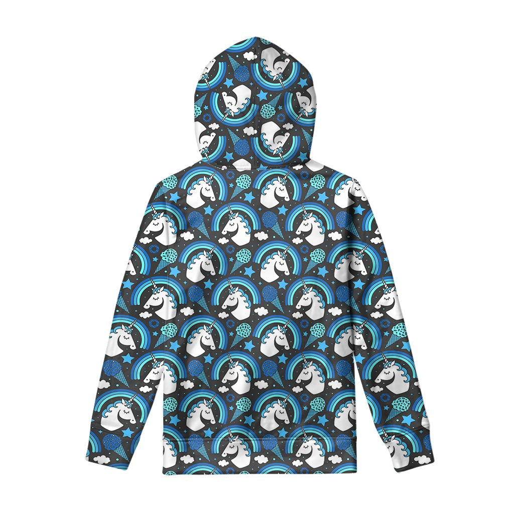 Blue Rainbow Unicorn Pattern Print Pullover Hoodie