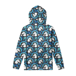 Blue Rainbow Unicorn Pattern Print Pullover Hoodie