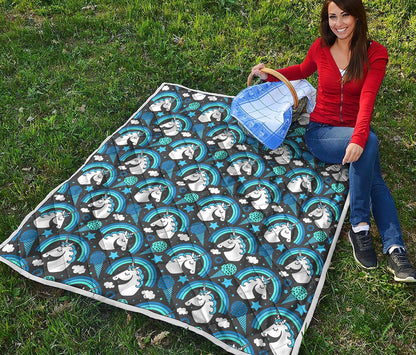 Blue Rainbow Unicorn Pattern Print Quilt