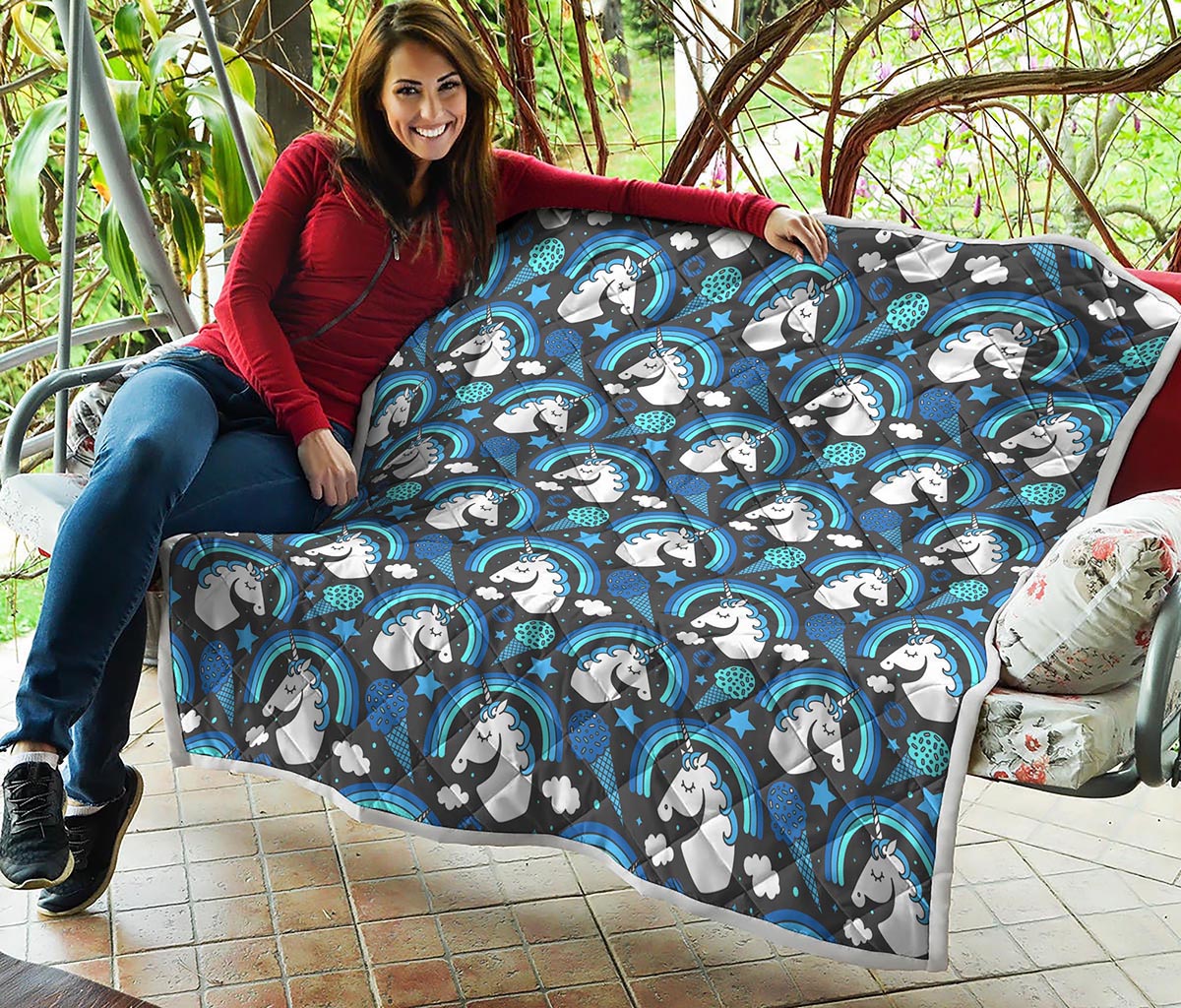 Blue Rainbow Unicorn Pattern Print Quilt