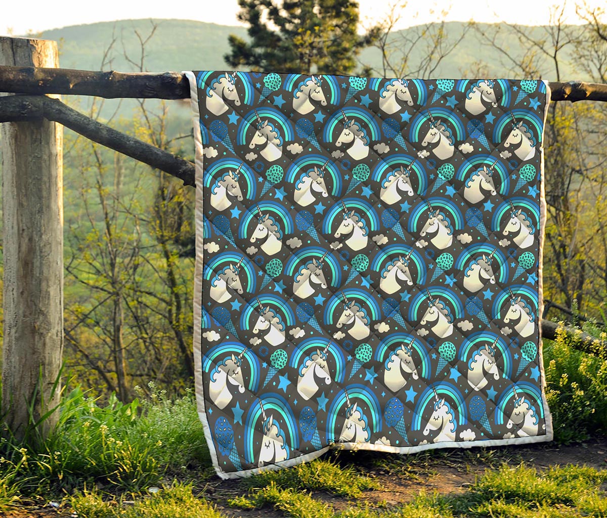 Blue Rainbow Unicorn Pattern Print Quilt