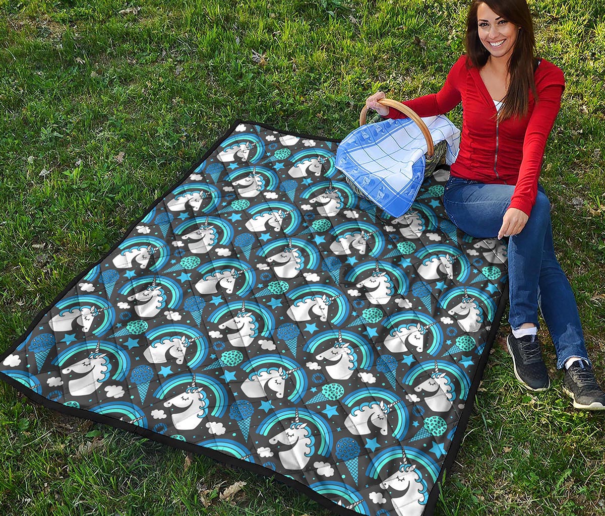 Blue Rainbow Unicorn Pattern Print Quilt