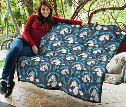 Blue Rainbow Unicorn Pattern Print Quilt