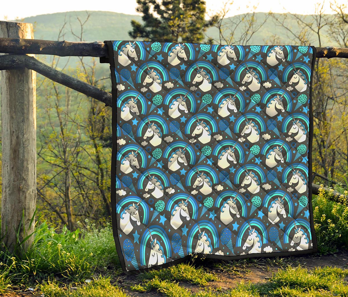 Blue Rainbow Unicorn Pattern Print Quilt