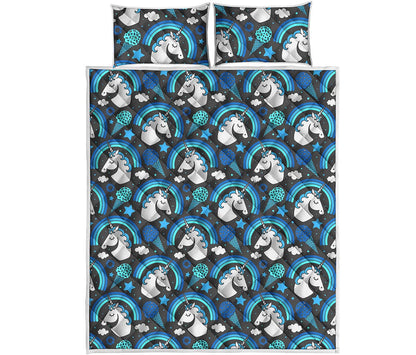Blue Rainbow Unicorn Pattern Print Quilt Bed Set