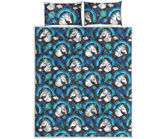 Blue Rainbow Unicorn Pattern Print Quilt Bed Set