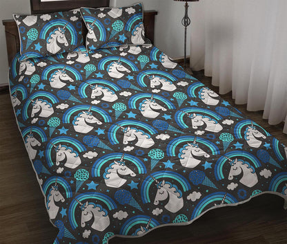Blue Rainbow Unicorn Pattern Print Quilt Bed Set