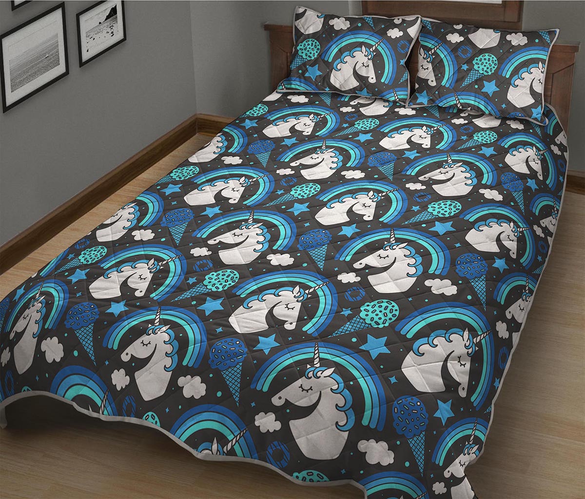 Blue Rainbow Unicorn Pattern Print Quilt Bed Set
