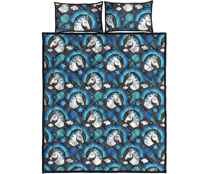Blue Rainbow Unicorn Pattern Print Quilt Bed Set