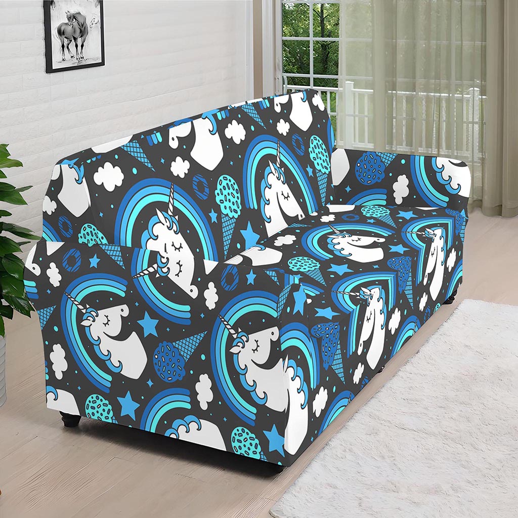 Blue Rainbow Unicorn Pattern Print Sofa Cover